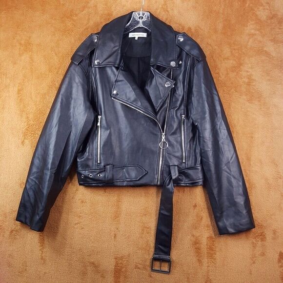 WEWOREWHAT Womens Jacket XS Black Moto Faux Leather Cropped Oversized Biker - Picture 2 of 9